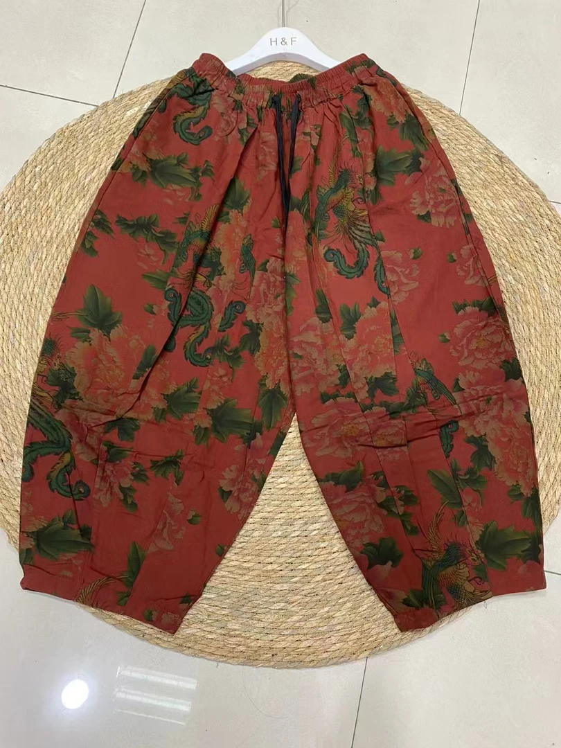 数码印花沙洗炒色棉麻南瓜裤休闲大码阔腿裤