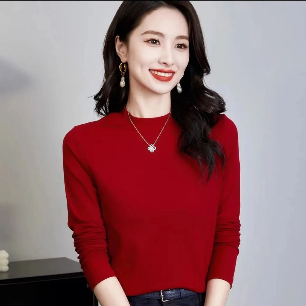 2025春秋季小立领显瘦气质纯色显瘦洋气打底衫T恤长袖上衣可外穿