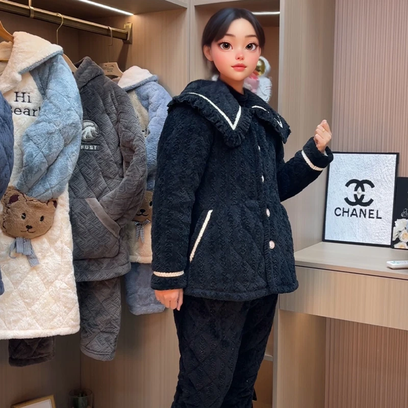 睡衣冬季女士加厚提花绒三层夹棉高级感小香风2023新款家居服套装