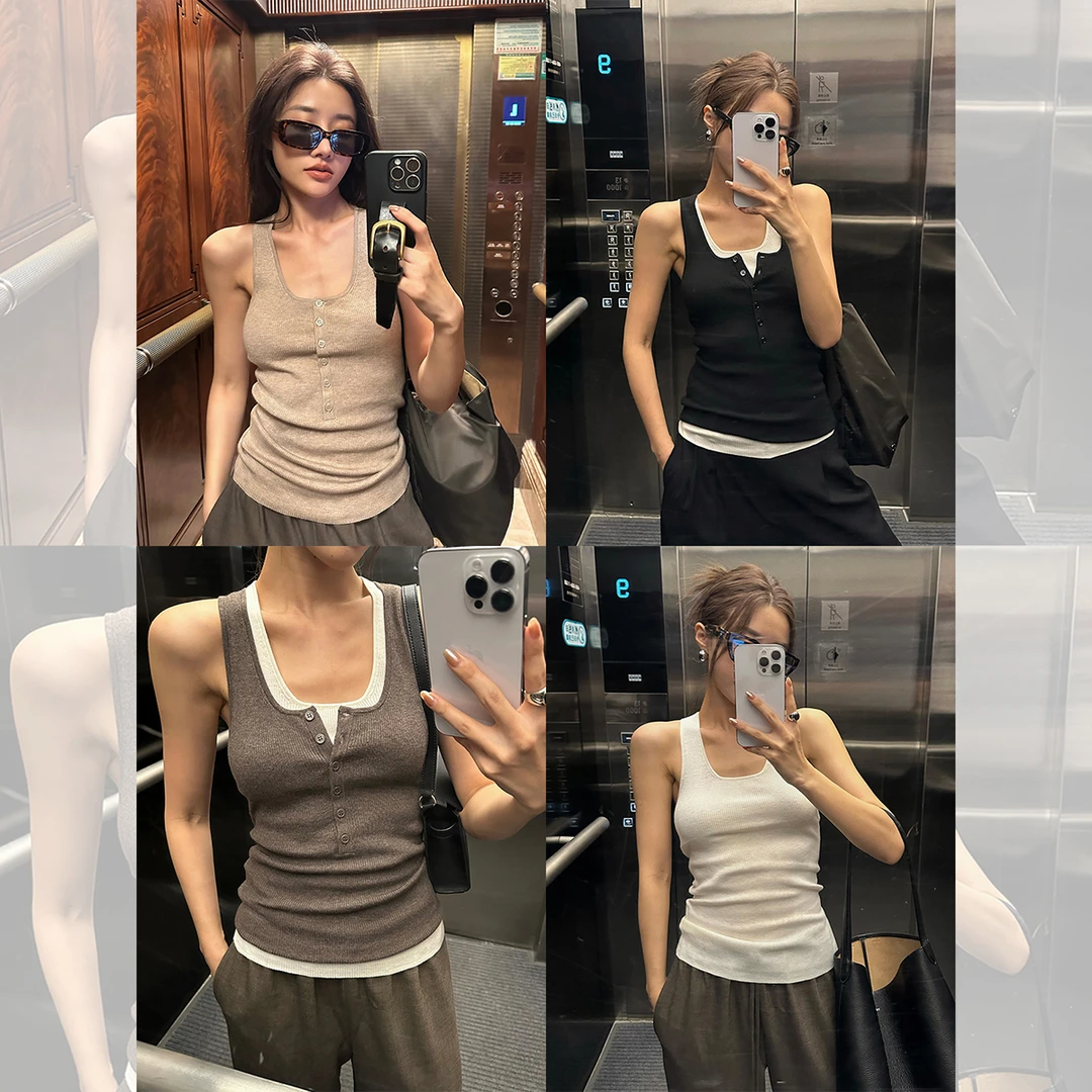 iLEFT左边女装羊毛针织上衣2023秋季新款无袖背心叠穿打底衫