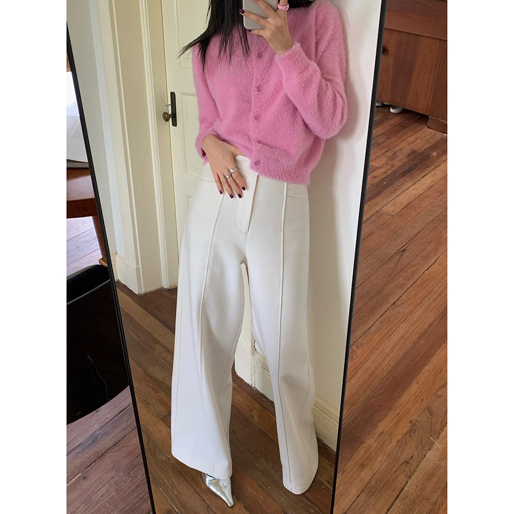 iLEFT宠粉女装宽松坠感长裤女裤23早春新款 毛呢休闲阔腿裤K7641