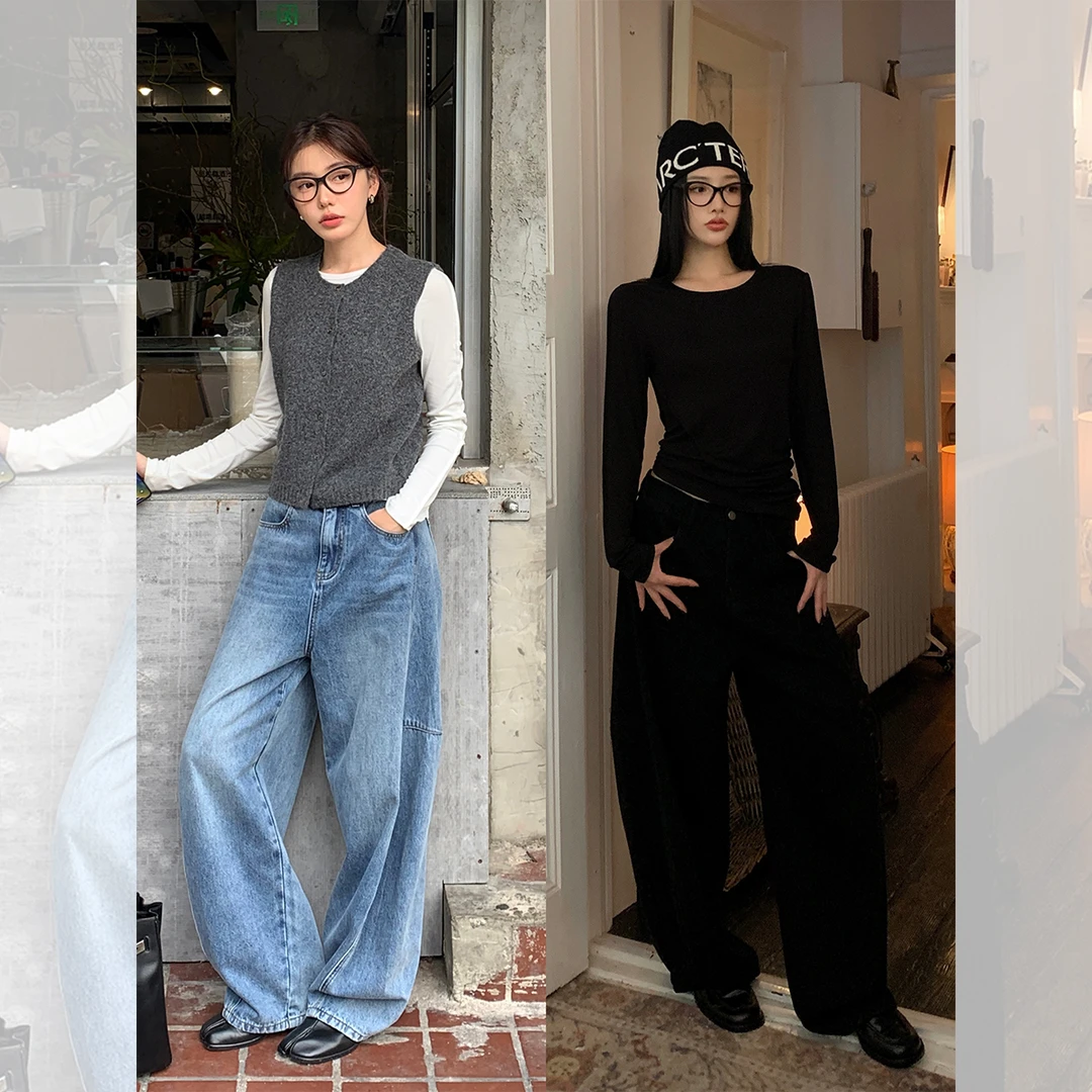 iLEFT左边女装慵懒镰刀裤磨毛长裤2024秋冬新款宽松休闲牛仔裤