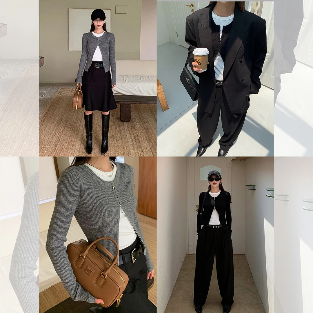 iLEFT左边女装双拉头上衣女长袖2023秋季新款针织衫薄款开衫