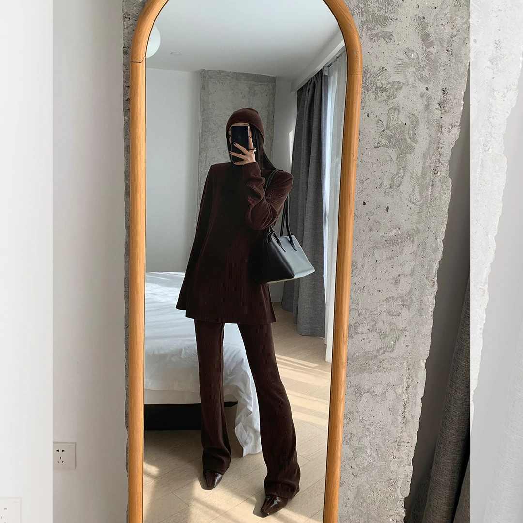 iLEFT左边女装时尚两件套2023秋冬新款纸片人套装 打底衫+休闲裤