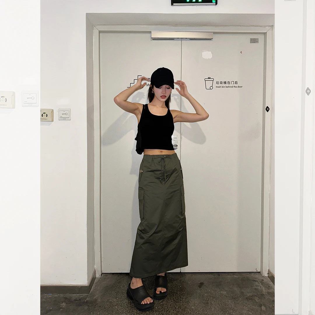 iLEFT左边女装高腰A字长裙2023夏季新款休闲工装风 降落伞半身裙