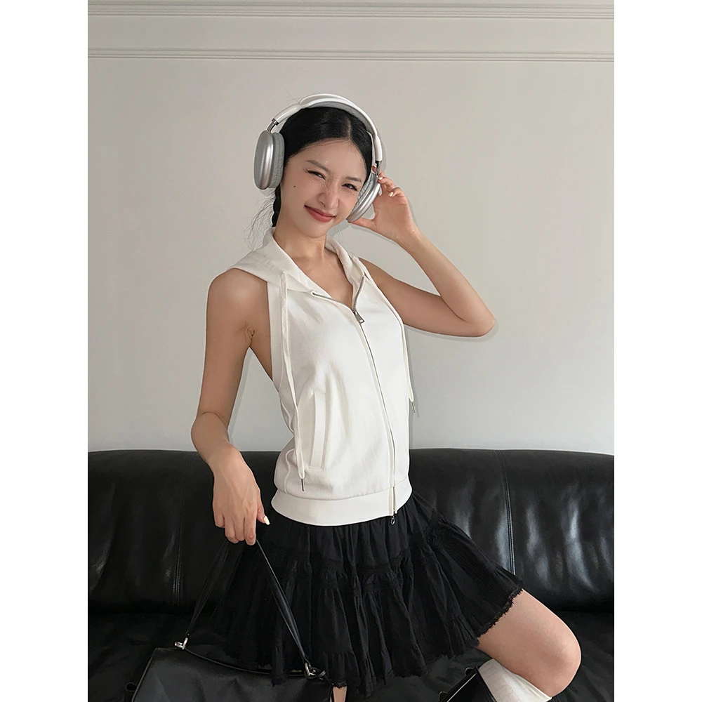 左边女装修身露背上衣2024夏季新款美式辣妹 连帽无袖马甲卫衣