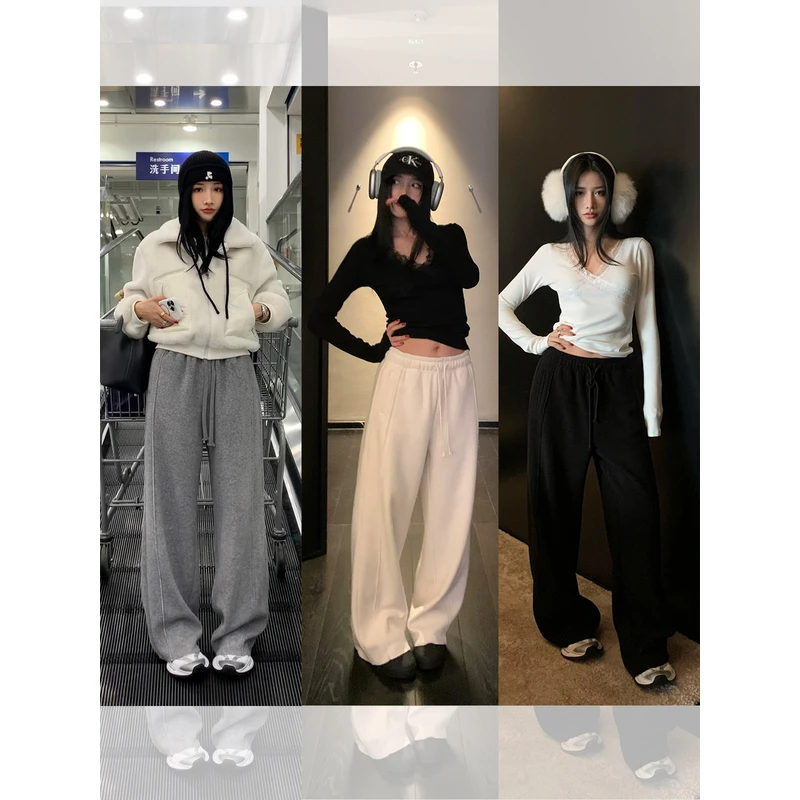 左边女装休闲阔腿裤2024秋冬新款550g高密度复合加绒加厚运动裤