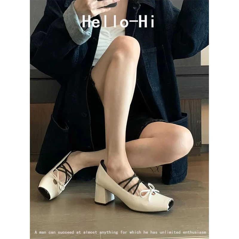 法式蝴蝶结交叉带复古时尚玛丽珍鞋子女粗跟单鞋浅口方头高跟鞋