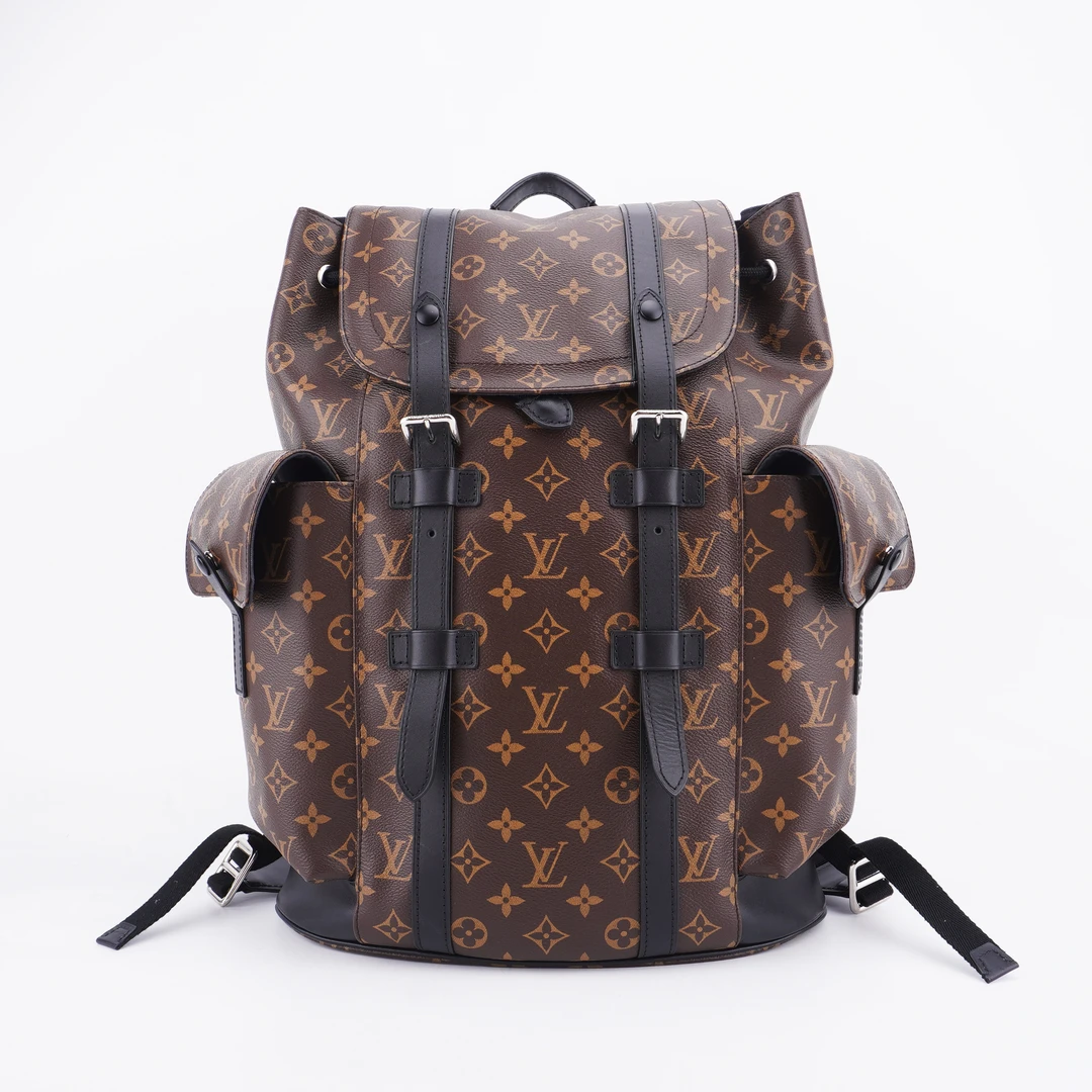 95新 98新LV经典棕老花Christopher中号双肩包33/44/12 F212