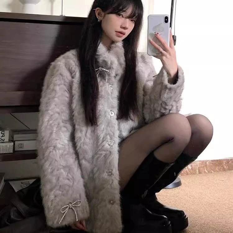 “月影少女” 立领染尖环保毛毛外套冬保暖中长款毛毛大衣加厚百搭