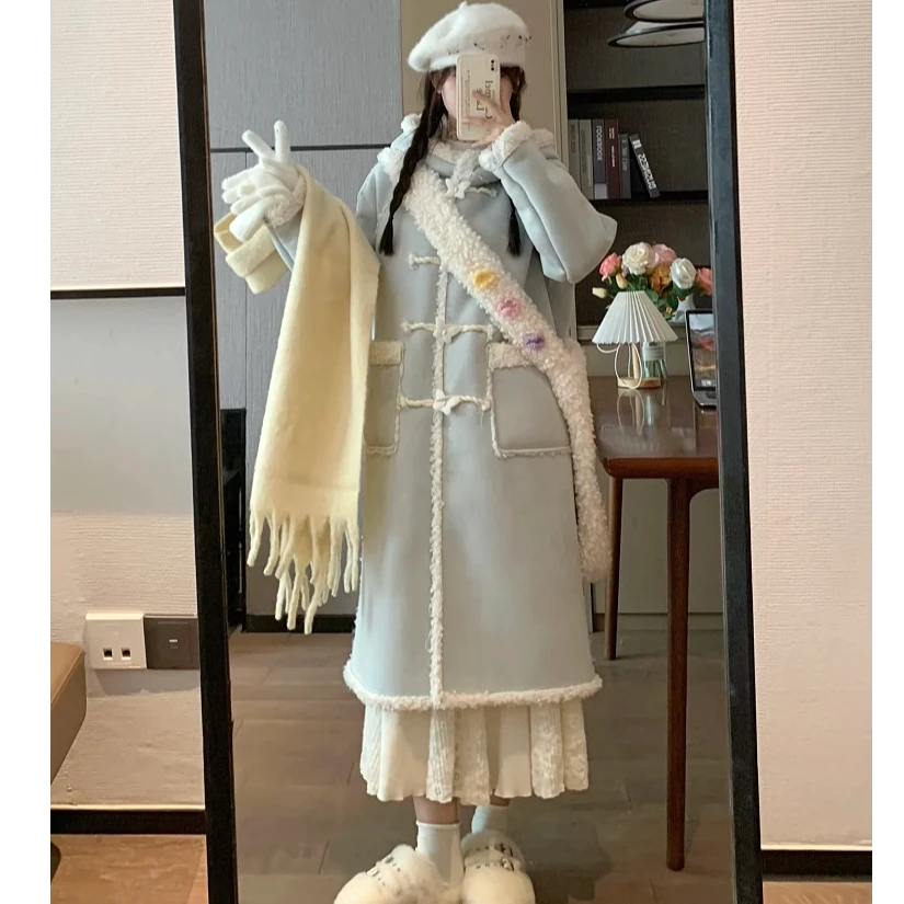 QH Dress秋冬复古气质双面穿设计感皮毛一体加厚毛呢子大衣外套女