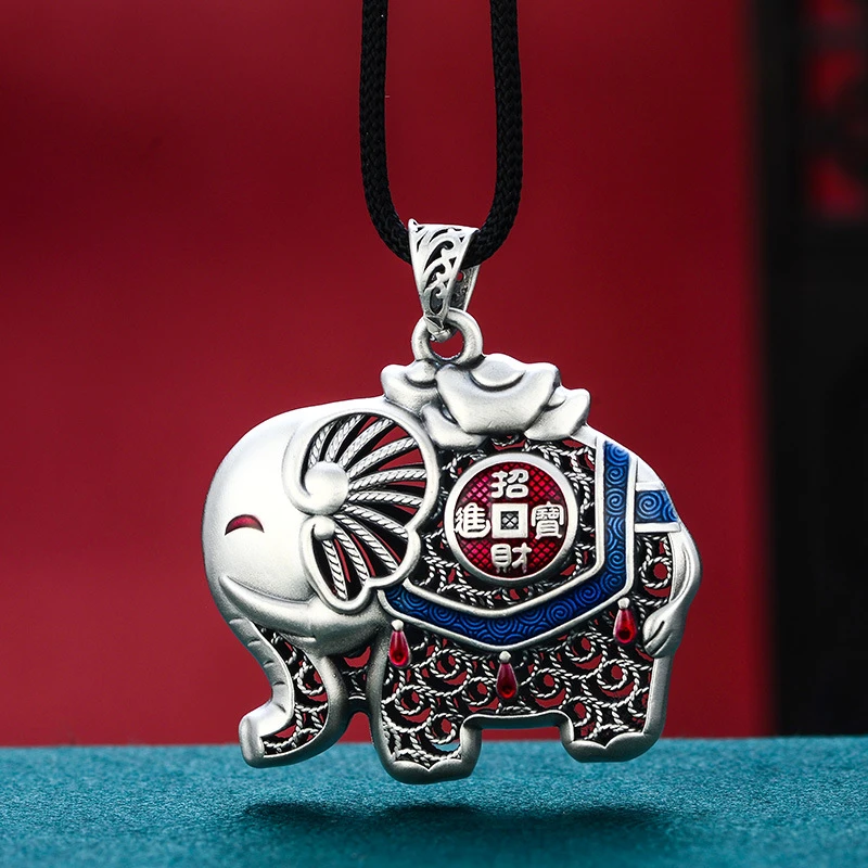 吊坠足银 999.9珐琅彩花丝大象吊坠 做旧复古元宝大象毛衣链锁骨