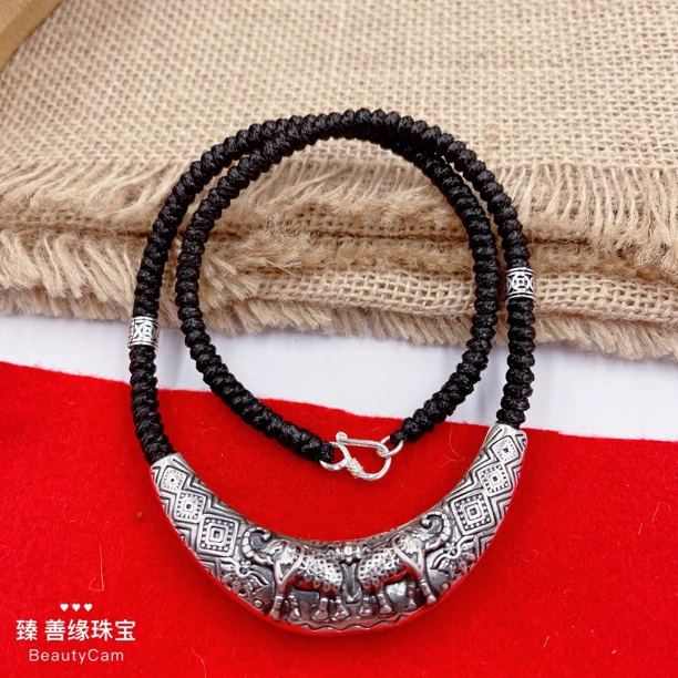 坠链均925银 【臻善缘】纯银大象弯管项链手工黑绳双面吉象锁骨链
