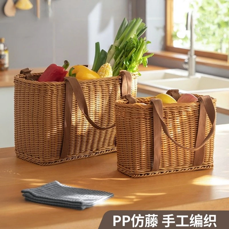 藤编手提篮手工大号购物买菜篮户外野餐郊游篮水果蔬菜仿藤菜篮子