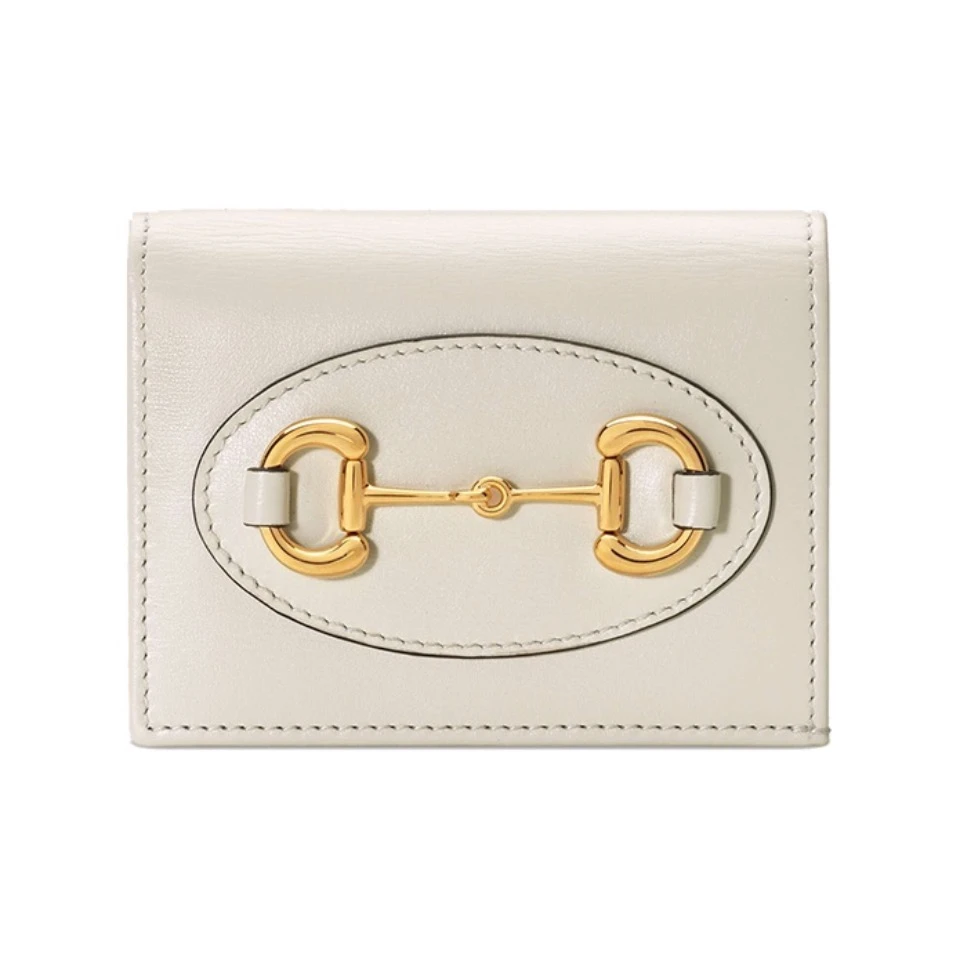 全新未使用 GUCCI/古驰 Horsebit1955复古金扣皮革白双折钱包卡包