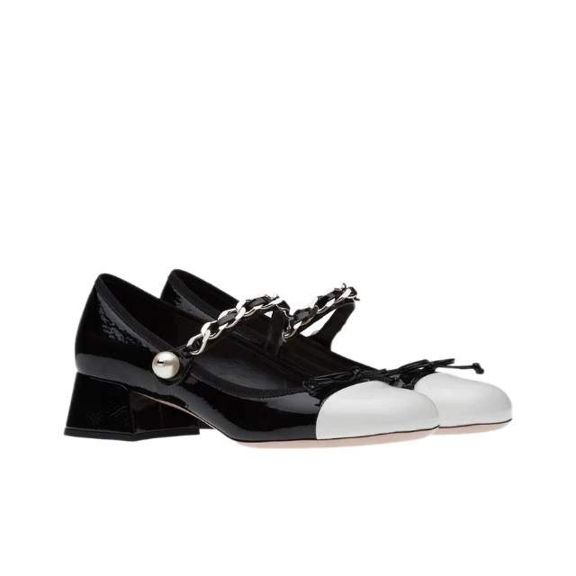 未使用 MIU MIU/缪缪 蝴蝶结气质粗跟款玛丽珍高跟鞋黑白色多尺码