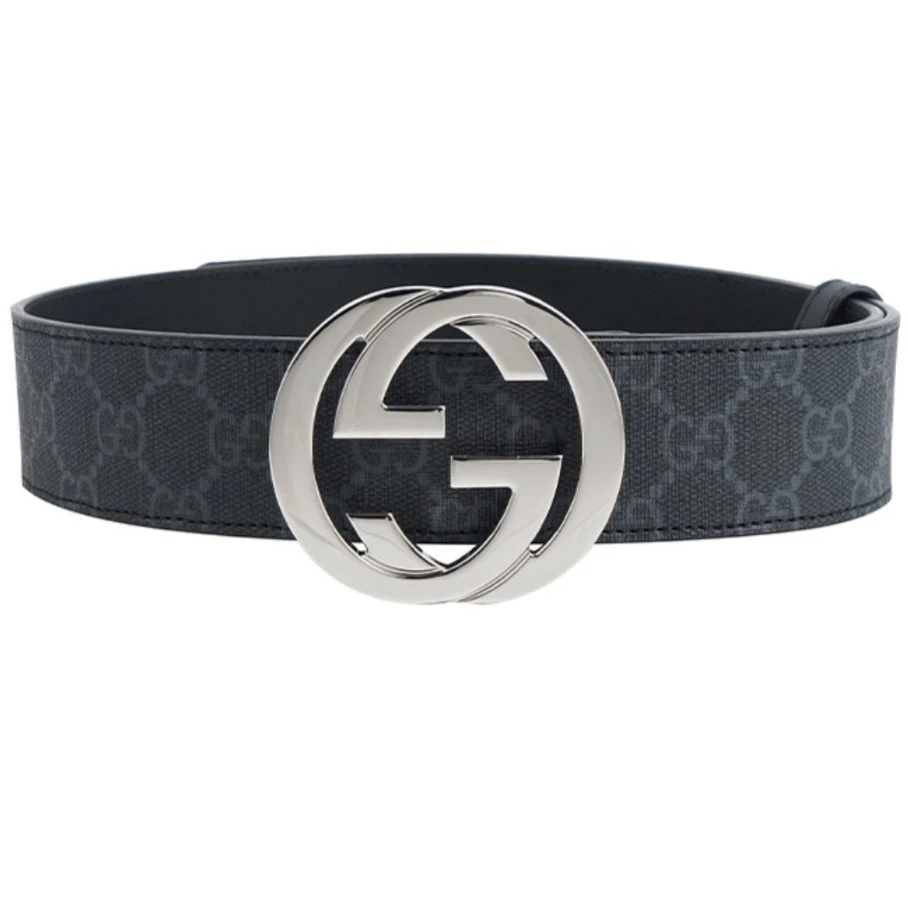 未使用 GUCCI/古驰 经典老花男士黑灰色双G印花满印皮带男款(宽4)