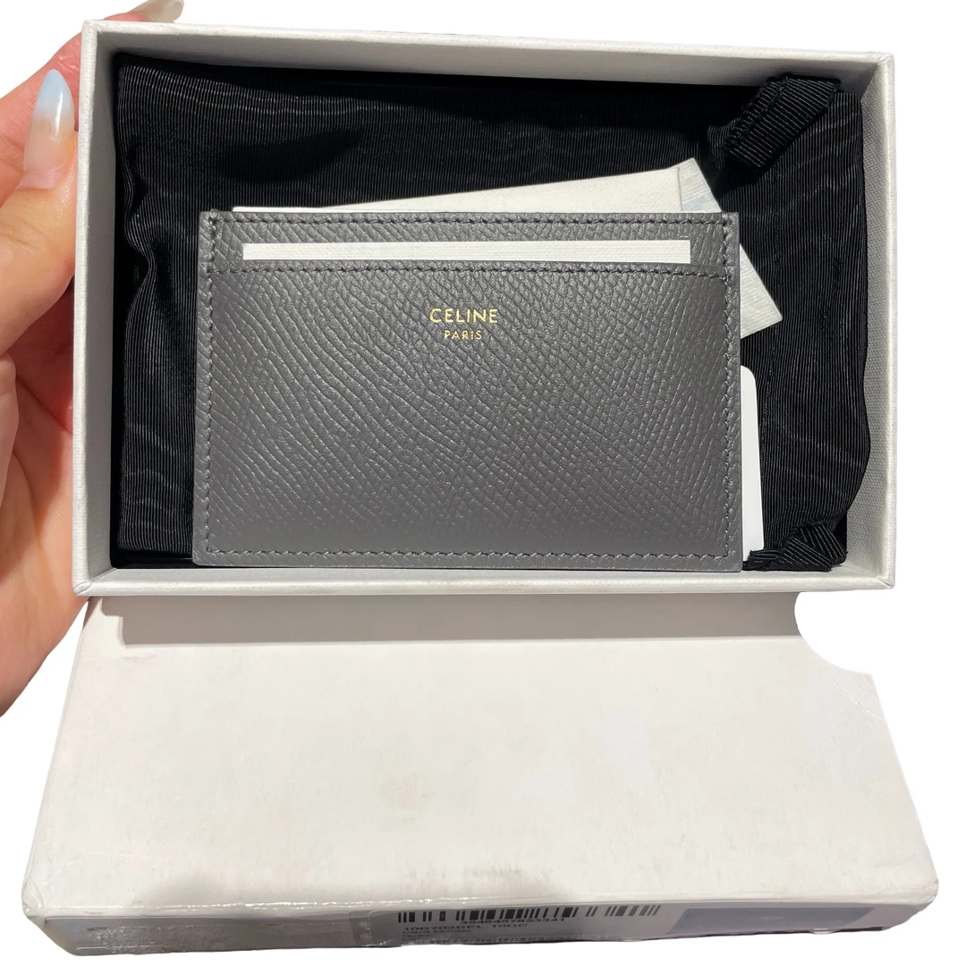 未使用 Celine/思琳 字母logo经典皮革双面卡槽卡夹卡包 灰色