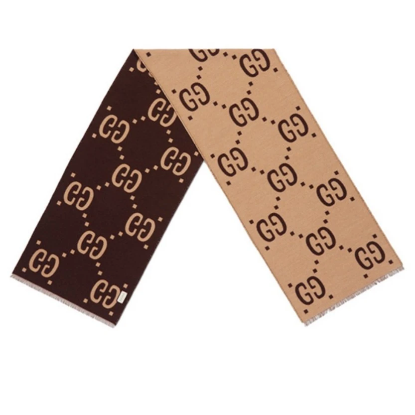 未使用 GUCCI/古驰 双G双面时尚提花绒线棕咖色围巾男女同款羊毛
