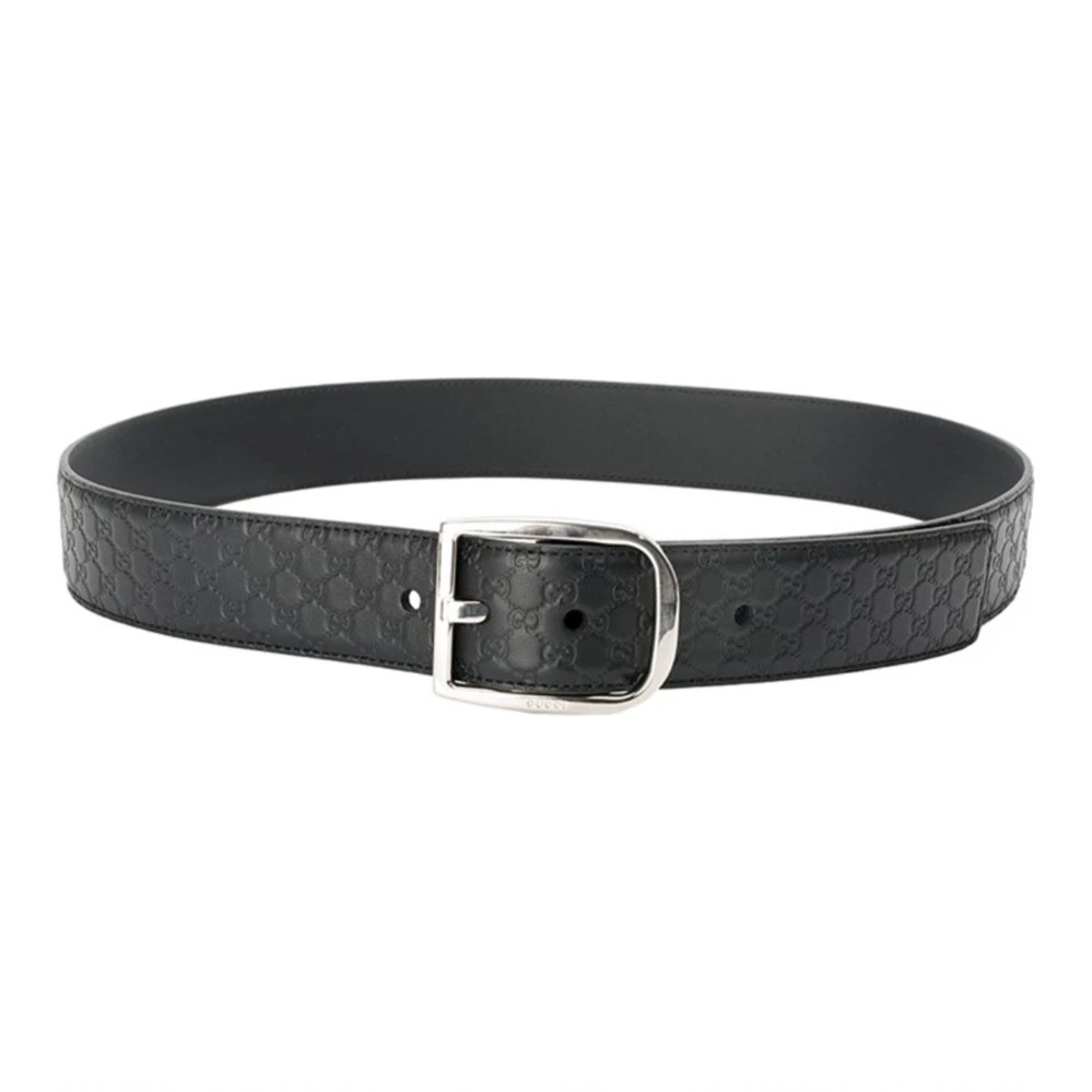 未使用 GUCCI/古驰 简约压纹银色针扣牛皮印花黑色皮带腰 带宽4cm