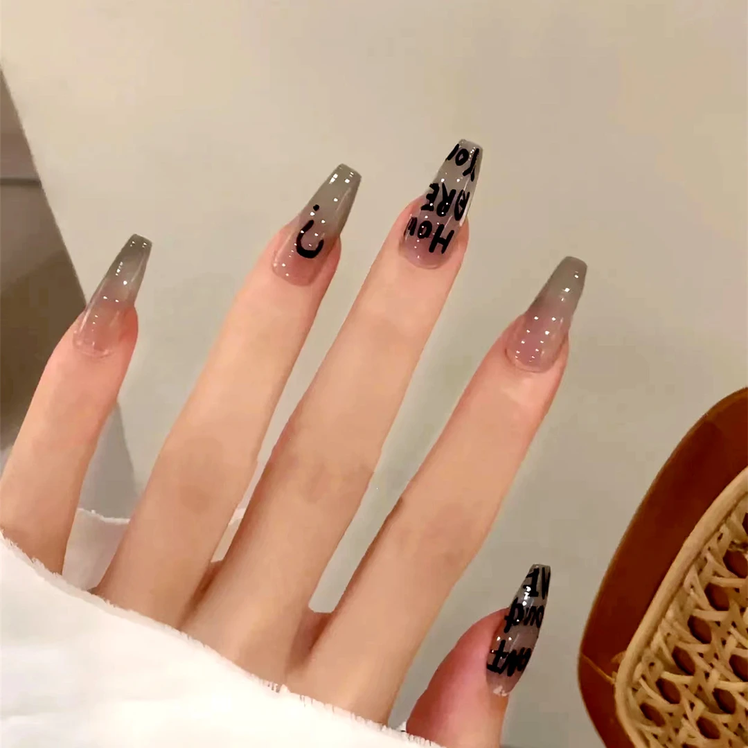 中T穿戴甲透黑英文字母冷淡暗黑欧美风美甲贴假指甲贴片