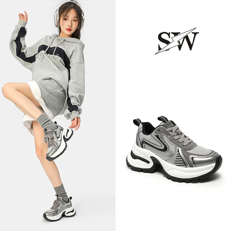 女士黑色潮鞋厚底ins网面系带春季爆款时尚潮流百搭老爹鞋