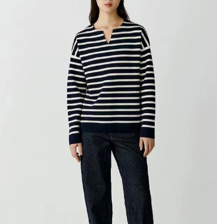 D13zz136拼接条纹V领长袖针织衫