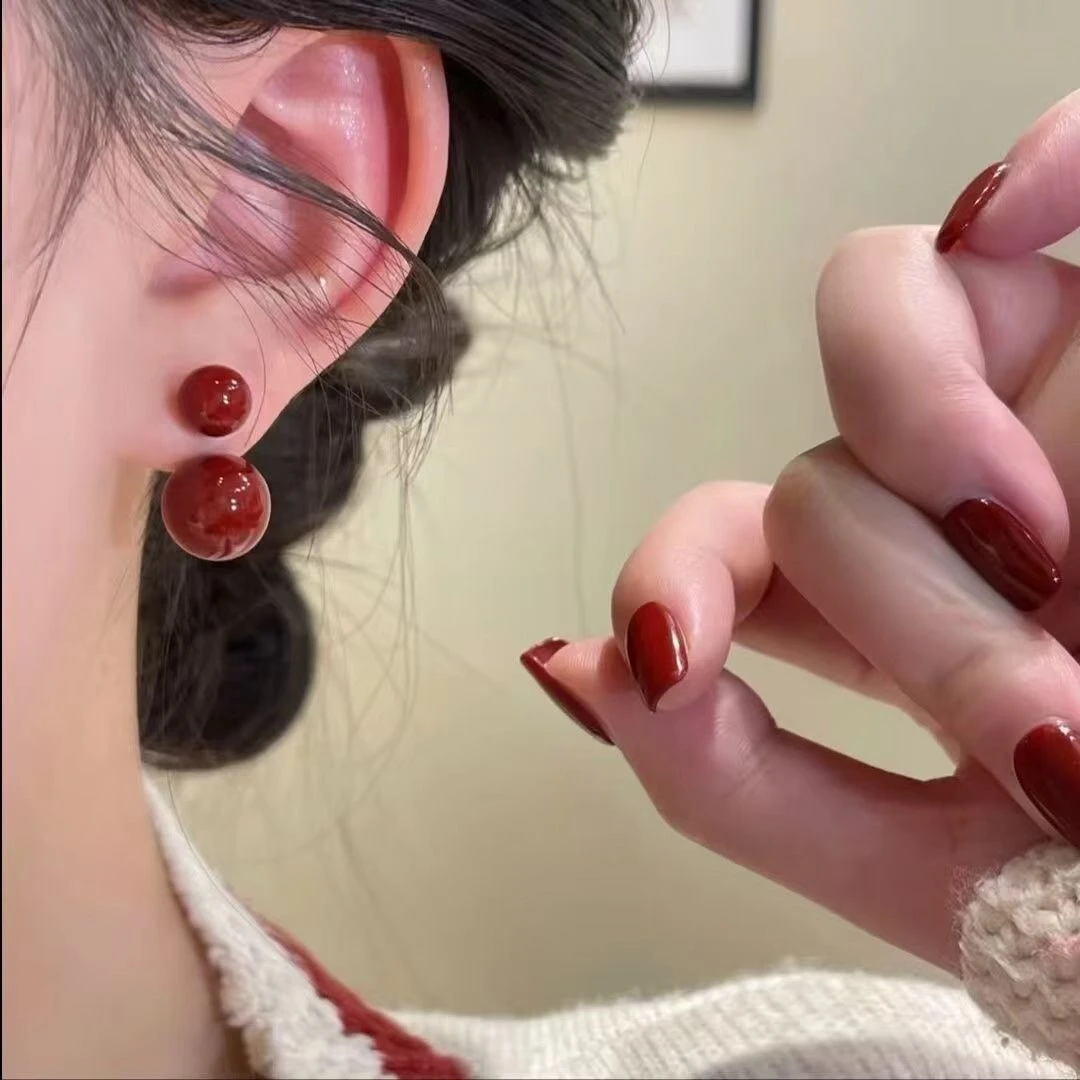 铜合金耳饰 红色新年耳环珠珠一款两戴新款耳钉气质小众百搭8804