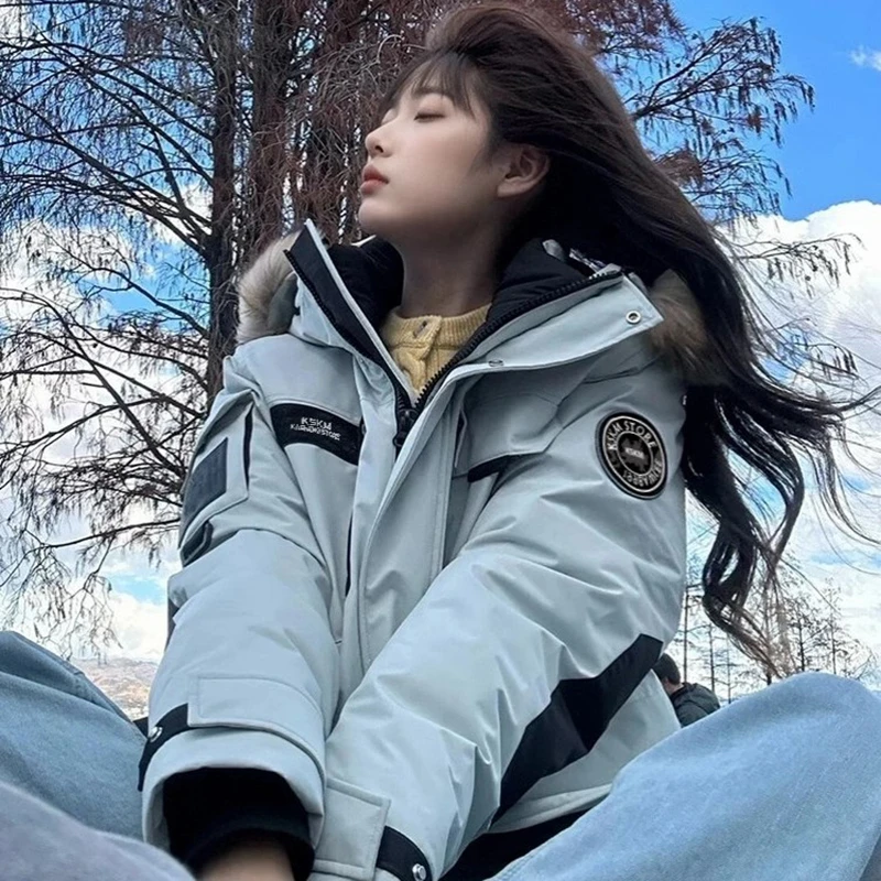 冬季新款加厚大毛领90白鸭绒连帽冲锋衣羽绒服女中长款工装派克服