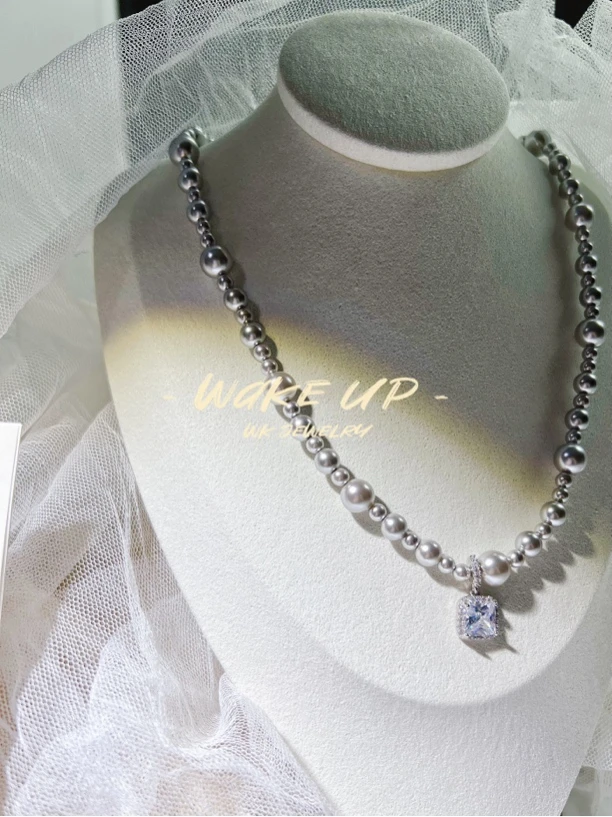 非金属仿珍珠吊坠 灰色珍珠带钻项链