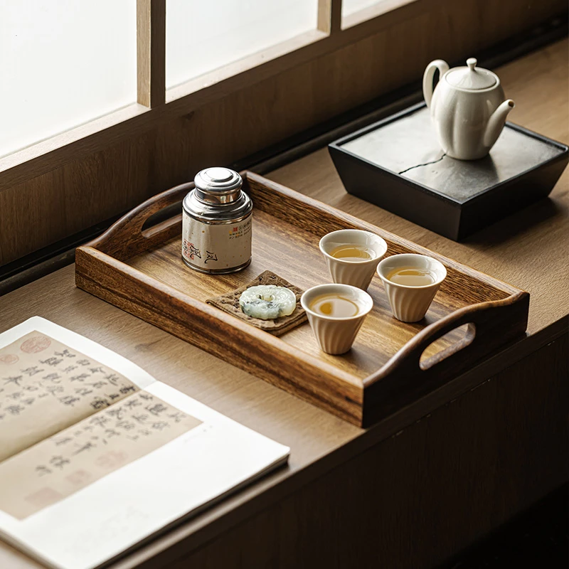 胡桃木中式茶点盘复古功夫茶具收纳盘长方茶托盘家用手作奉茶盘