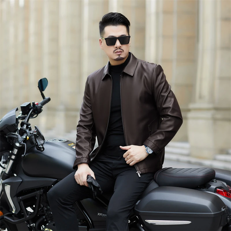 男士皮衣夹克冬季保暖外套男款高档商务休闲翻领真皮