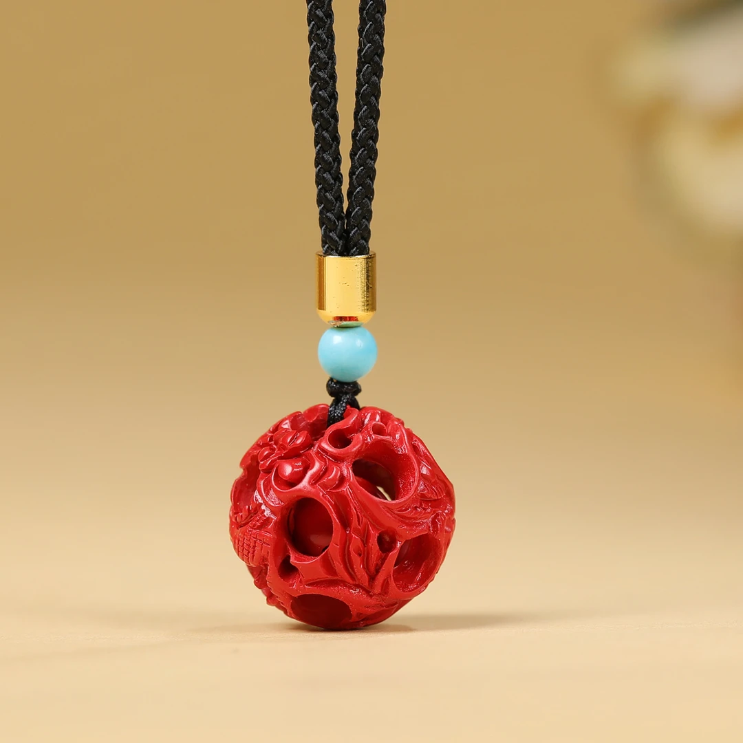 含辰砂工艺品高含量朱砂龙凤呈祥转运球吊坠红砂天工开物挂坠