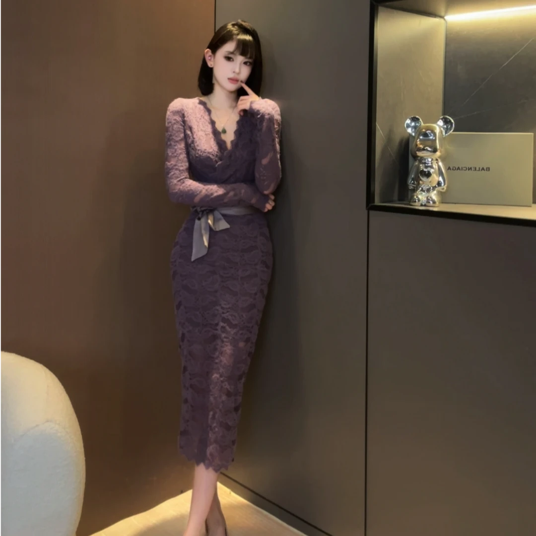 NOWNOW工作室气质修身蕾丝连衣裙中长裙显瘦收腰绑带长袖复古包臀