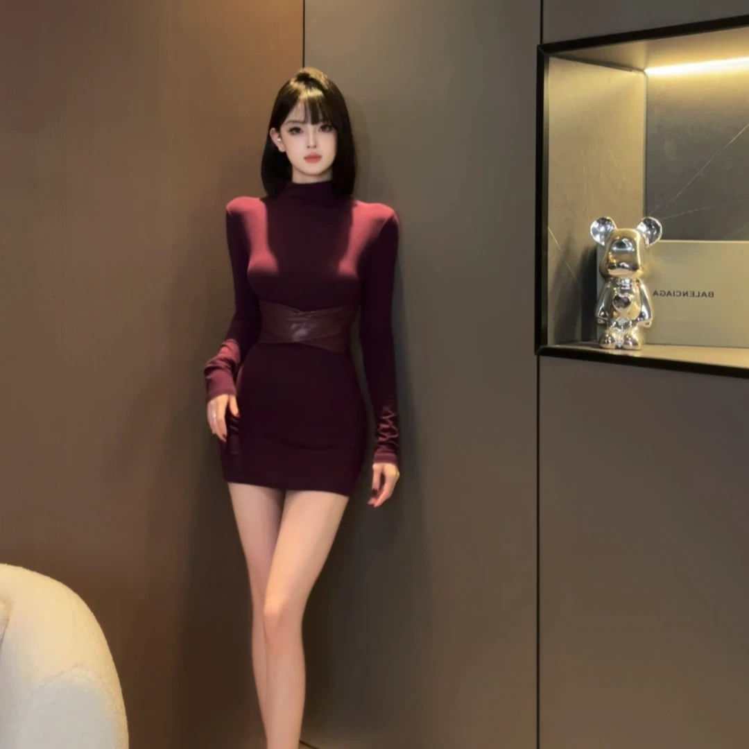 NOWNOW工作室性感掐腰连衣裙秋冬加厚磨毛拼皮款收腰显瘦修身长袖