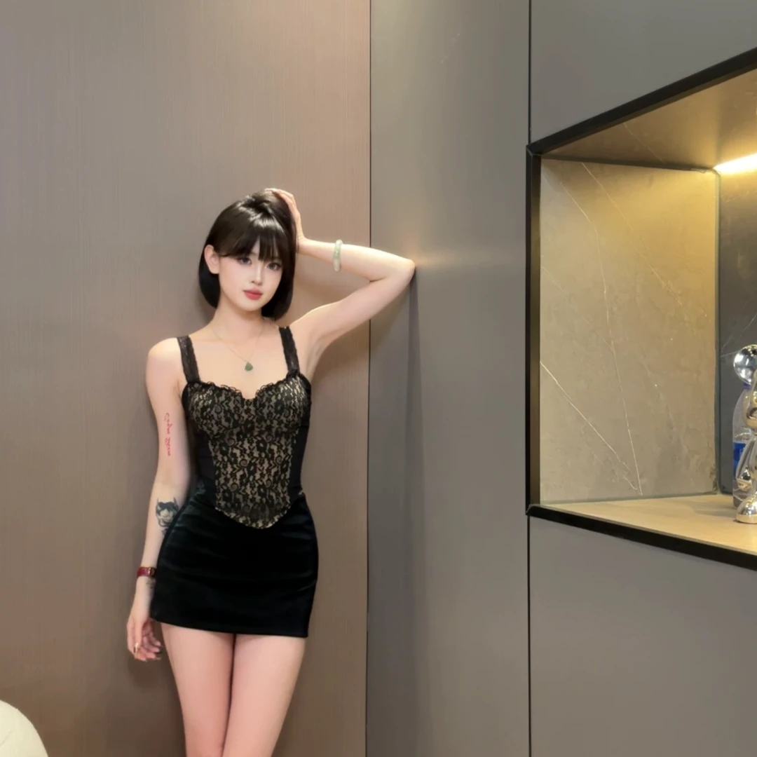 2419工作室春夏辣妹吊带背心性感包臀半裙蕾丝网纱小众修身镂空