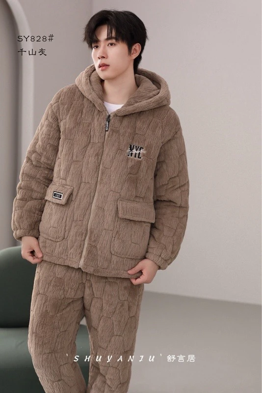 【SY828冬季新款套装睡衣】男士三层加厚加绒夹棉睡衣套装可外穿