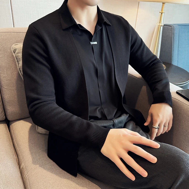 假两件衬衫领针织开衫男秋季无痕高级感商务休闲潮流修身毛衣外套