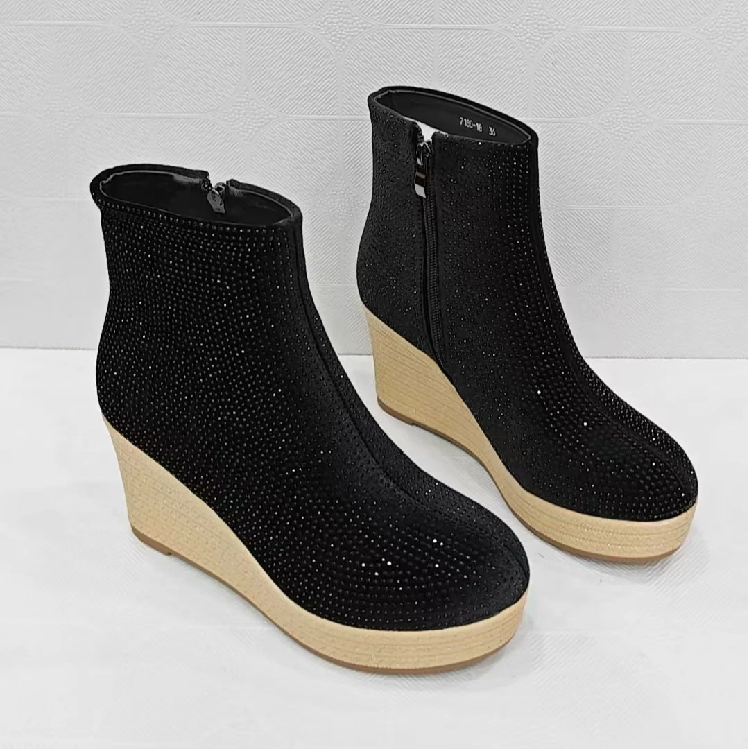 冬季圆头浅口单鞋女百搭时尚7180休闲鞋厚底坡跟女鞋