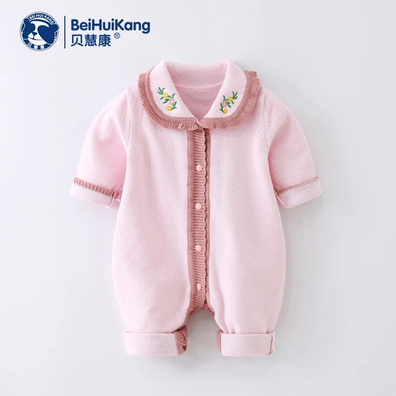 婴儿时尚花边领2023新款连体衣外出服女宝宝春秋款保暖哈衣爬爬服