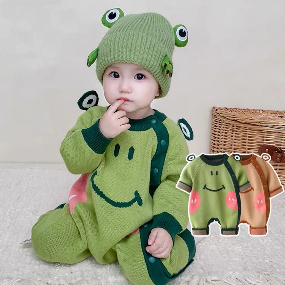 青蛙萌趣卡通毛衣宝宝连体衣秋冬加绒加厚长袖针织新生儿针织衫