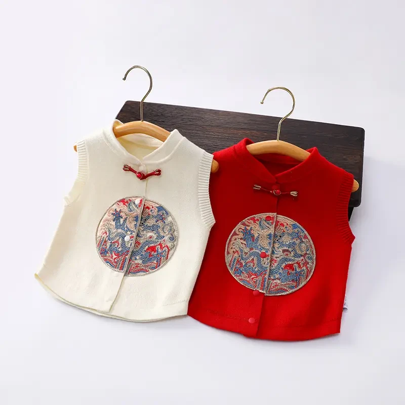 新款喜庆儿童拜年服毛衣男女童新中式开衫毛衣宝宝马甲秋冬韩版