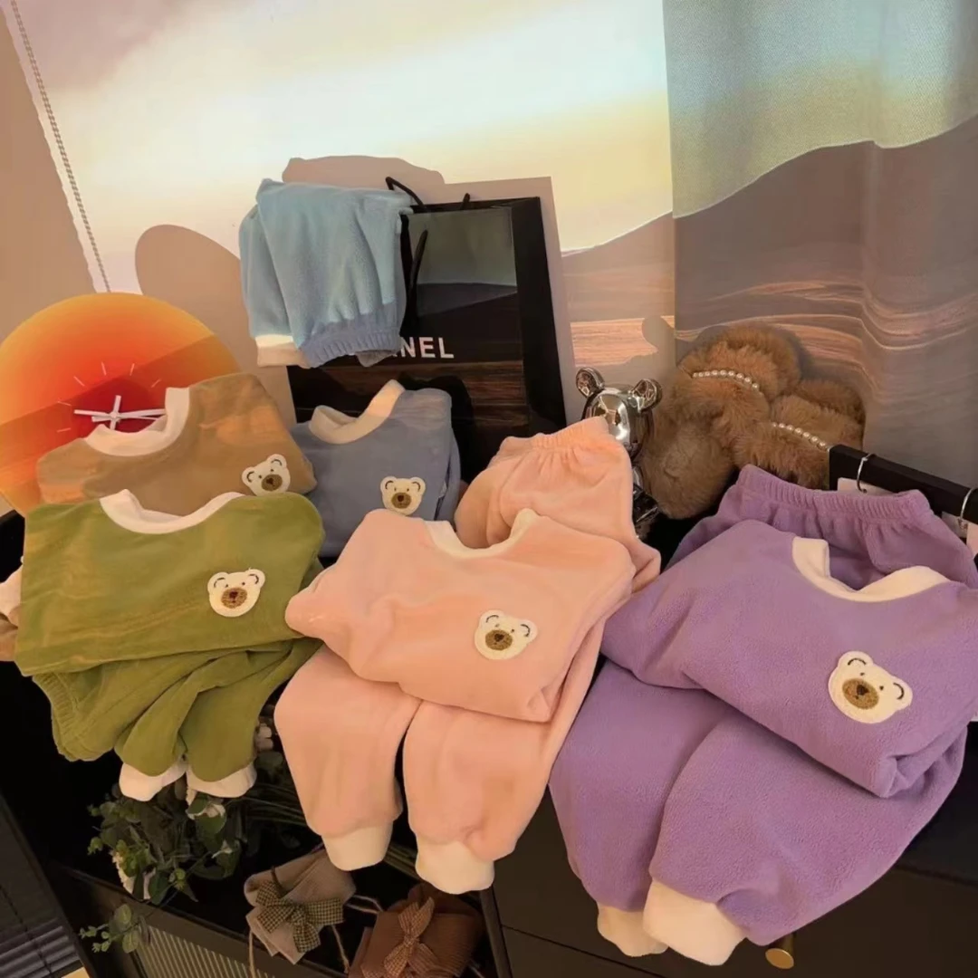 冬季新款儿童秋冬双面绒家居服套装男女童加绒保暖睡衣秋衣