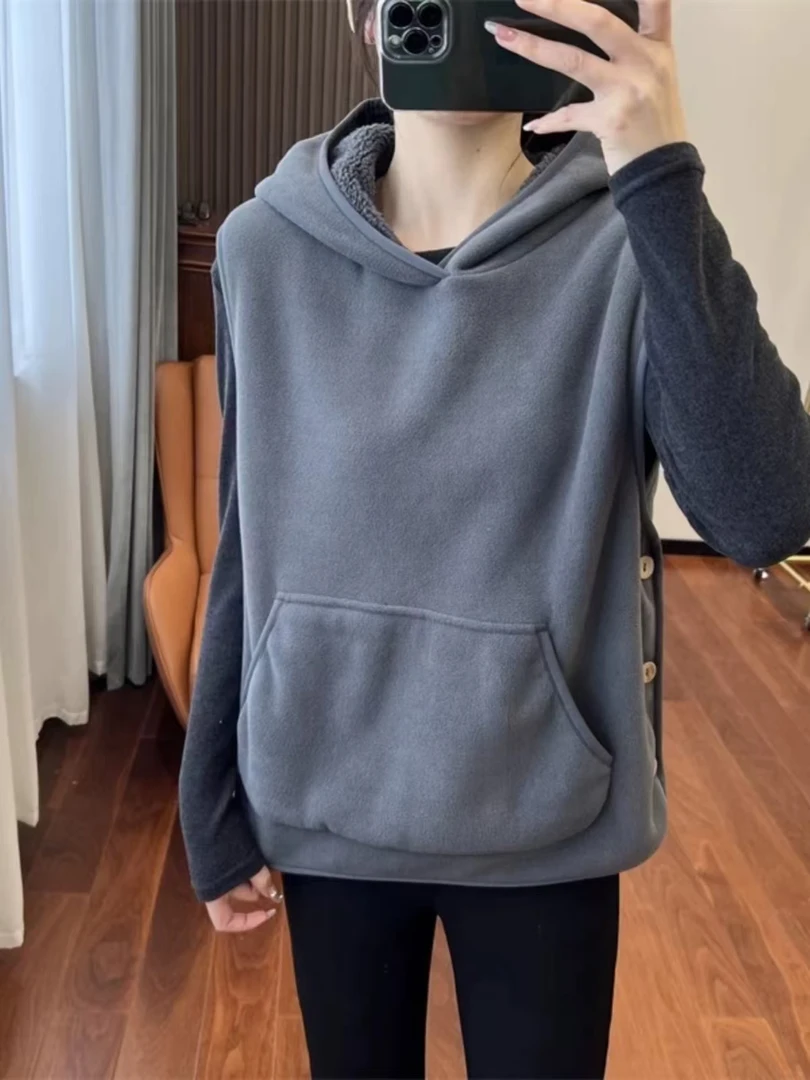 日单开叉叠穿设计秋冬男女摇粒绒复合羊羔毛连帽马甲背心 0-C002