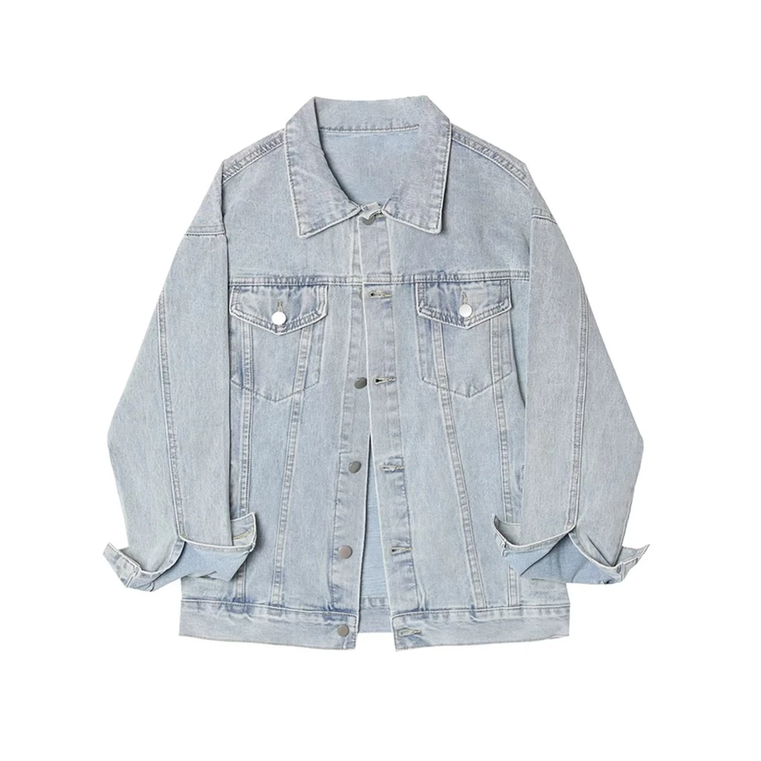 美式复古浅蓝色牛仔外套春秋韩版宽松百搭夹克上衣 046
