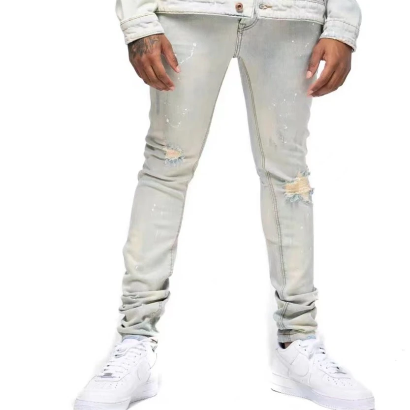 男女漆点破洞直筒小脚牛仔裤时尚大码潮流男士修身休闲长裤 CK664