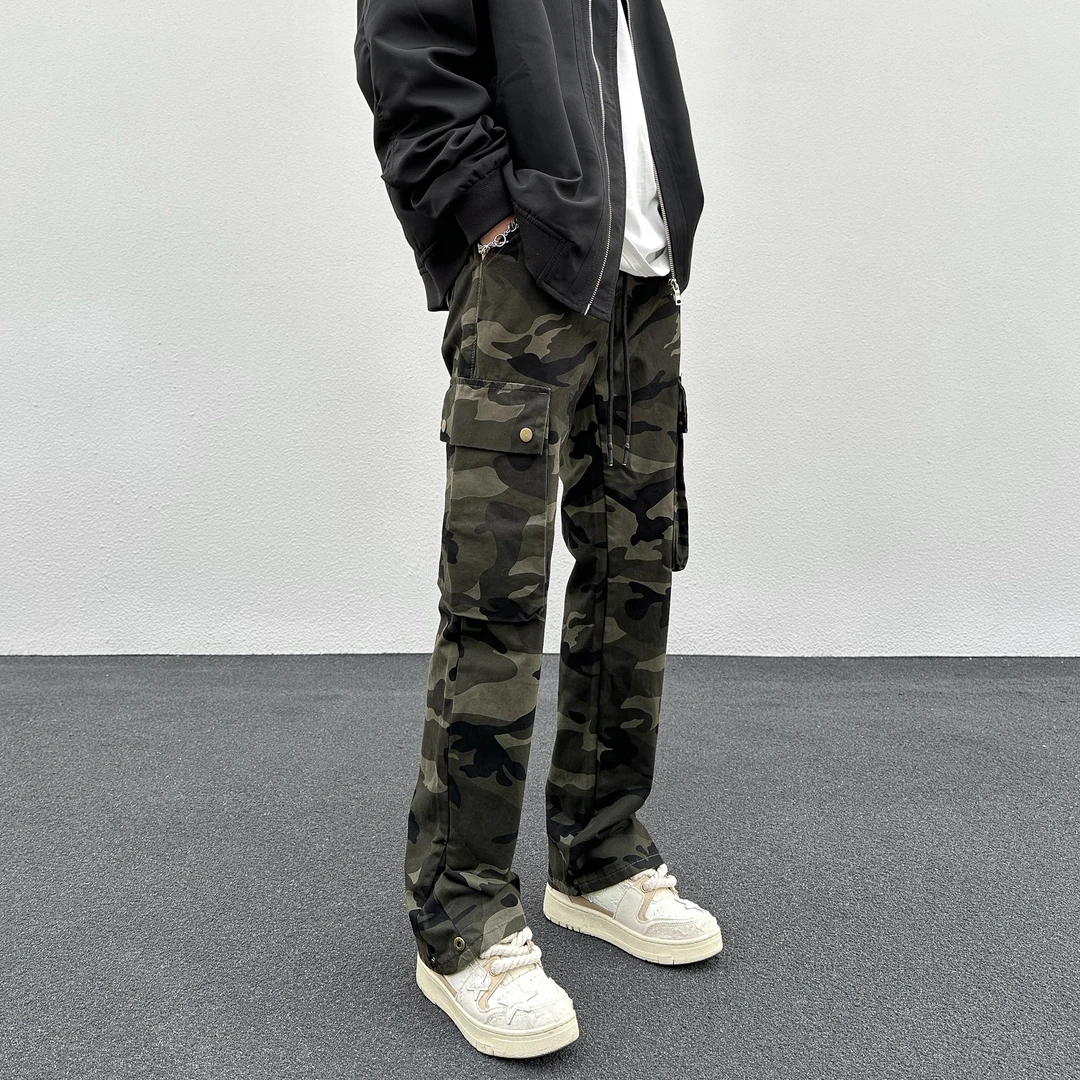 秋冬款美式迷彩工装休闲裤子男士款潮牌百搭宽松直筒微喇长裤厚