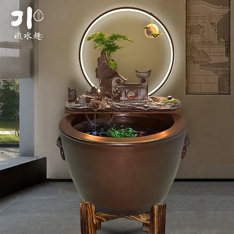 陶瓷材质插电流水摆件循环水办公室客厅落地景观古法养鱼生态缸