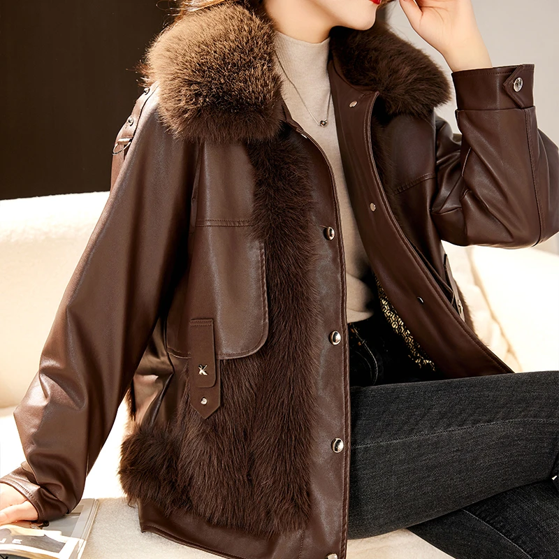 8898黑金石墨烯女士奢华PU大毛领保暖加棉外套仿皮毛一体短款