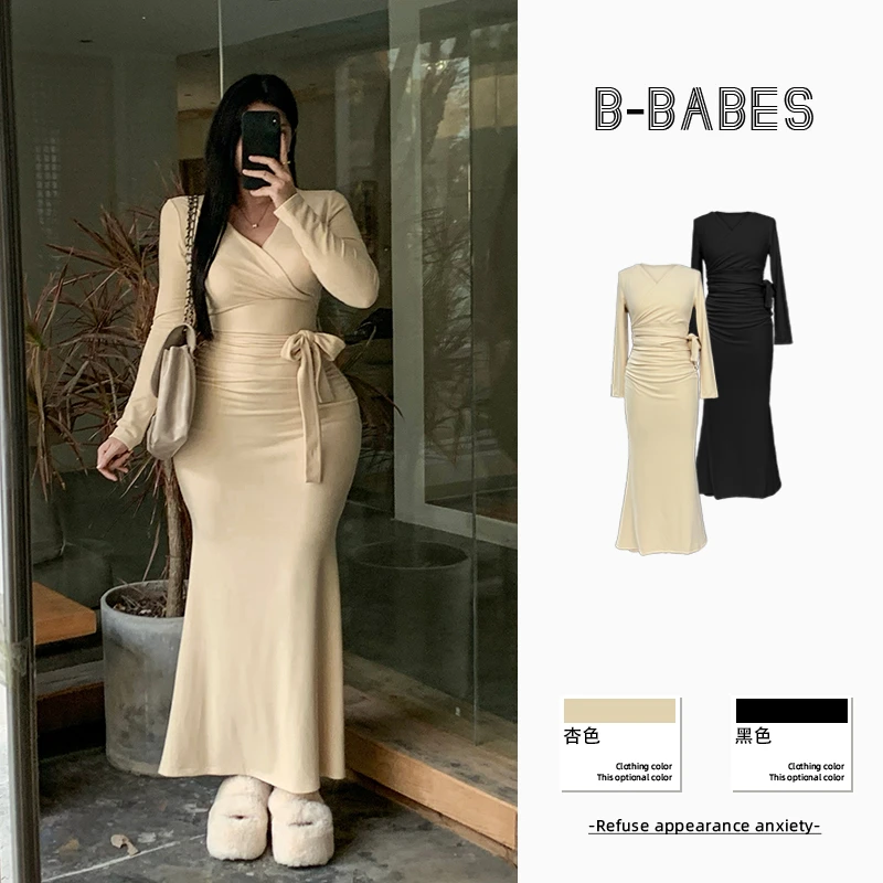 B-babes【偏不忘初】秋冬长袖秋冬连衣裙绑带鱼尾裙微胖收腰包臀裙